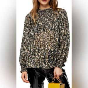 EUC Topshop Metallic Floral Smocked Top